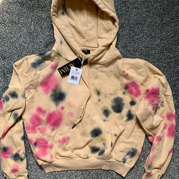 NWT! AFRM Sand Crumble Cropped Tie Dye Hoodie Sweatshirt Pink Blue Grunge - Picture 5 of 7